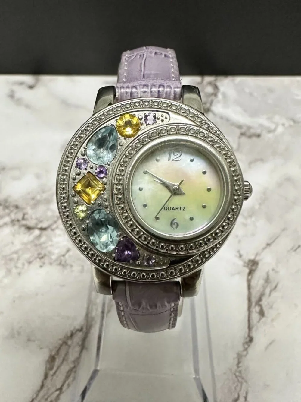 Rhinestone Watch Women Silver Tone Mother of Pearl Dial Leather Band New Battery